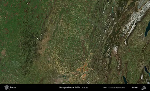 Bourg-en-Bresse. Copernicus Sentinel 'in Mart 2020' de çekilmiş uydu görüntüsü üzerine Fransa 'nın idari bölgesi.
