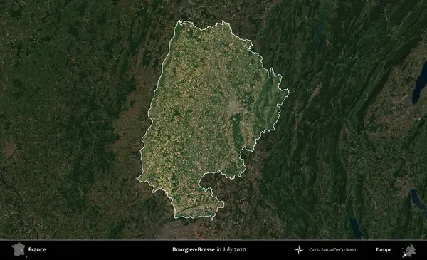Bourg-en-Bresse. Fransa 'nın idari alanı, Temmuz 2020' de çekilen Kopernik Nöbetçi karolarından oluşan koyu renkli bir uydu görüntüsüyle vurgulandı ve özetlendi.