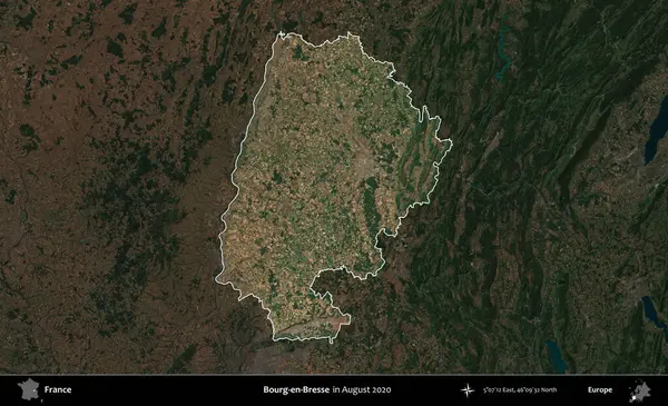 Bourg-en-Bresse. Fransa 'nın idari alanı, Ağustos 2020' de çekilen Kopernik Nöbetçi karolarından oluşan koyu renkli bir uydu görüntüsüyle vurgulandı ve özetlendi.