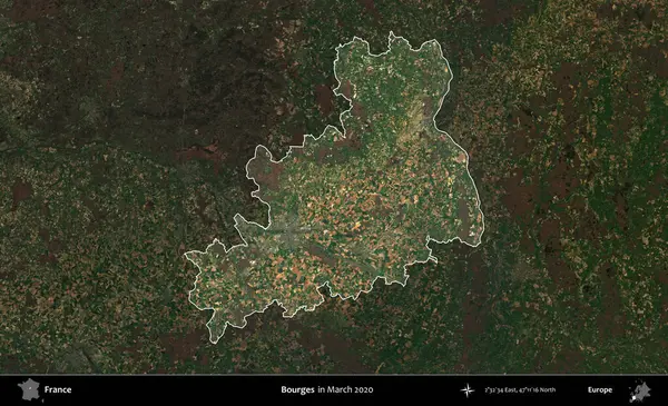 Bourges. Fransa 'nın idari alanı, Mart 2020' de çekilen Kopernik Nöbetçi karolarından oluşan koyu renkli bir uydu görüntüsü üzerinde vurgulandı ve özetlendi.