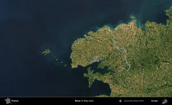 Brest. Mayıs 2020 'de çekilen Copernicus Sentinel karolarından oluşan bir uydu görüntüsünde Fransa' nın idari bölgesinin ana hatları belirlendi.