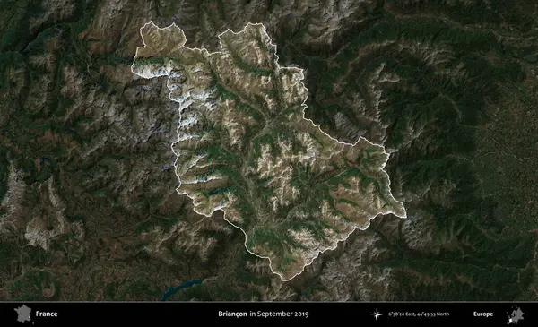 Briancon. Fransa 'nın idari alanı, Eylül 2019' da çekilen Kopernik Nöbetçi karolarından oluşan koyu renkli bir uydu görüntüsü üzerinde vurgulandı ve özetlendi.