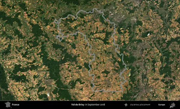 Val-de-Briey. Eylül 2018 'de çekilen Copernicus Sentinel karolarından oluşan bir uydu görüntüsünde Fransa' nın idari bölgesinin ana hatlarını çizdim.