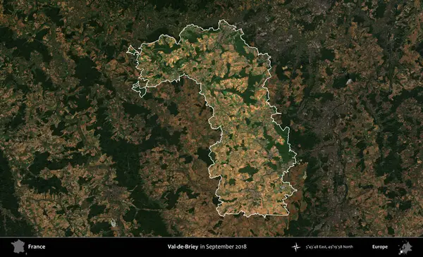 Val-de-Briey. Fransa 'nın idari alanı, Eylül 2018' de çekilen Kopernik Nöbetçi karolarından oluşan koyu renkli bir uydu görüntüsü üzerinde vurgulandı ve özetlendi.