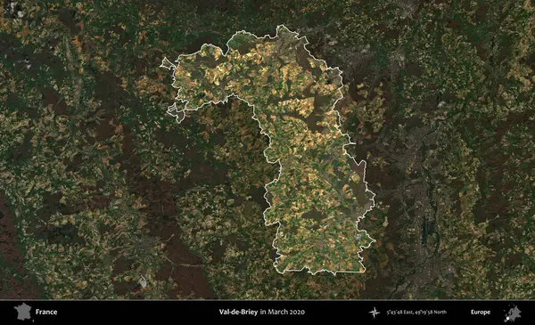 Val-de-Briey. Fransa 'nın idari alanı, Mart 2020' de çekilen Kopernik Nöbetçi karolarından oluşan koyu renkli bir uydu görüntüsü üzerinde vurgulandı ve özetlendi.
