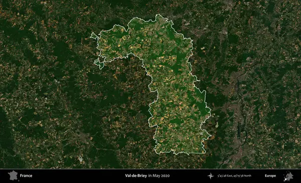 Val-de-Briey. Fransa 'nın idari alanı, Mayıs 2020' de çekilen Kopernik Nöbetçi karolarından oluşan koyu renkli bir uydu görüntüsü üzerinde vurgulandı ve özetlendi.