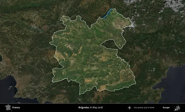 Brignoles. Fransa 'nın idari alanı, Mayıs 2018' de çekilen Kopernik Nöbetçi karolarından oluşan koyu renkli bir uydu görüntüsü üzerinde vurgulandı ve özetlendi.