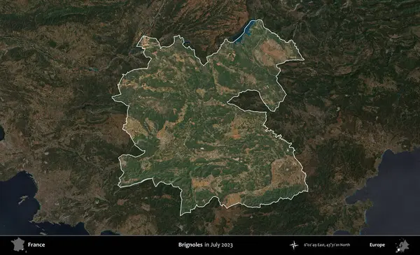 Brignoles. Fransa 'nın idari alanı, Temmuz 2023' te çekilen Kopernik Nöbetçi karolarından oluşan koyu renkli bir uydu görüntüsüyle vurgulandı ve özetlendi.