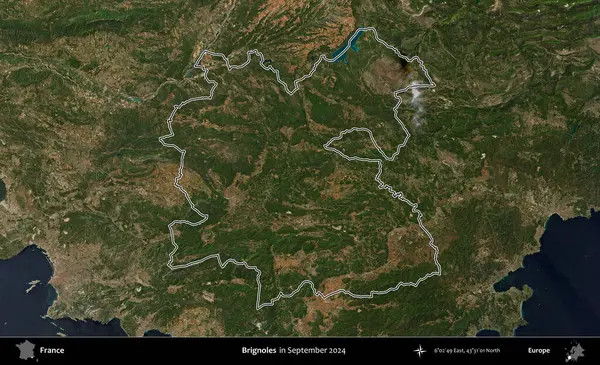 Brignoles. Eylül 2024 'te çekilen Copernicus Sentinel karolarından oluşan bir uydu görüntüsünde Fransa' nın idari bölgesinin ana hatlarını çizdim.