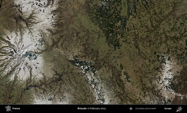 Gelin hanım. Copernicus Sentinel 'in Şubat 2023' te çekilmiş uydu görüntüsü üzerine Fransa 'nın idari bölgesi.