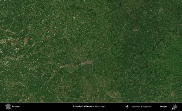 Brive-la-Gaillarde. Mayıs 2020 'de Copernicus Sentinel karolarından oluşan bir uydu görüntüsü üzerine Fransa' nın idari bölgesi