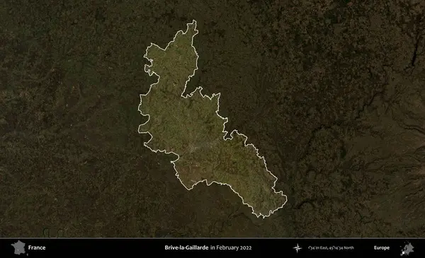 Brive-la-Gaillarde. Fransa 'nın idari alanı, Şubat 2022' de çekilen Kopernik Sentinel karolarından oluşan koyu renkli bir uydu görüntüsü üzerinde vurgulandı ve özetlendi.