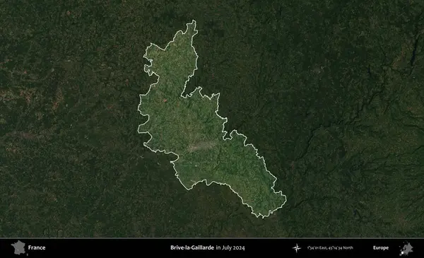 Brive-la-Gaillarde. Fransa 'nın idari alanı, Temmuz 2024' te çekilen Kopernik Nöbetçi karolarından oluşan koyu renkli bir uydu görüntüsüyle vurgulandı ve özetlendi.
