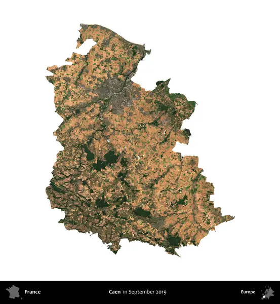 Caen. Fransa 'nın idari bölgesi, Eylül 2019' da çekilen Kopernik Nöbetçi karolarından oluşan uydu görüntüsüyle beyaza izole edildi.