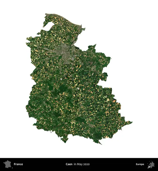 Caen. Fransa 'nın idari bölgesi, Mayıs 2020' de çekilen Kopernik Nöbetçi karolarından oluşan bir uydu görüntüsüyle beyaza izole edildi.