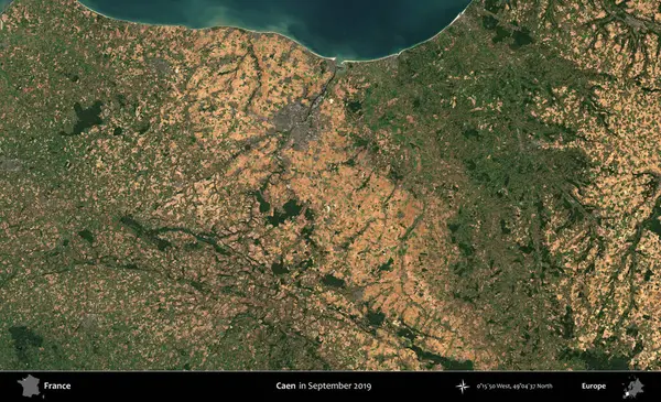 Caen. Eylül 2019 'da Copernicus Sentinel karolarından oluşan bir uydu görüntüsü üzerine Fransa' nın idari bölgesi