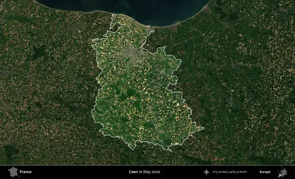 Caen. Fransa 'nın idari alanı, Mayıs 2020' de çekilen Kopernik Nöbetçi karolarından oluşan koyu renkli bir uydu görüntüsü üzerinde vurgulandı ve özetlendi.