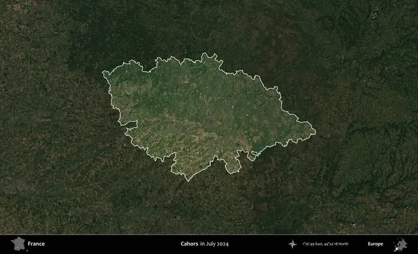 Cahors. Fransa 'nın idari alanı, Temmuz 2024' te çekilen Kopernik Nöbetçi karolarından oluşan koyu renkli bir uydu görüntüsüyle vurgulandı ve özetlendi.