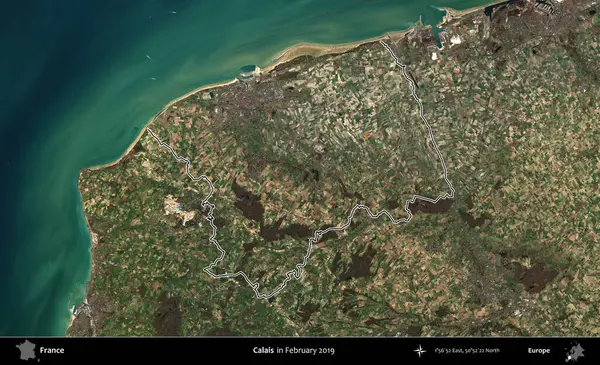 Calais. Copernicus Sentinel 'in Şubat 2019' da çekilen uydu görüntüsünde Fransa 'nın idari bölgesinin ana hatları belirlendi.
