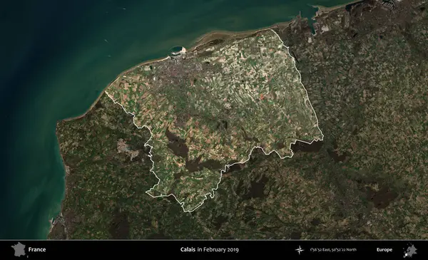 Calais. Fransa 'nın idari alanı, Şubat 2019' da çekilen Kopernik Sentinel karolarından oluşan koyu renkli bir uydu görüntüsü üzerinde vurgulandı ve özetlendi.