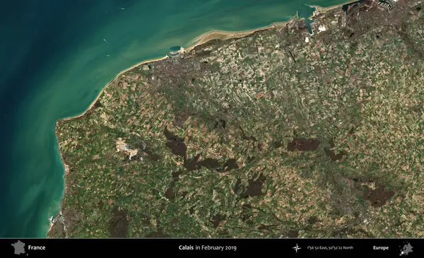 Calais. Copernicus Sentinel 'in Şubat 2019' da çekilmiş uydu görüntüsü üzerine Fransa 'nın idari bölgesi