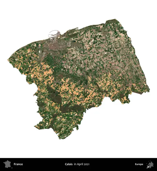 Calais. Fransa 'nın idari bölgesi, Nisan 2021' de çekilen Kopernik Nöbetçi karolarından oluşan bir uydu görüntüsü ile beyaza izole edildi.