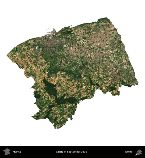 Calais. Fransa 'nın idari bölgesi, Eylül 2023' te çekilen Kopernik Nöbetçi karolarından oluşan bir uydu görüntüsü üzerinde beyaza izole edildi.