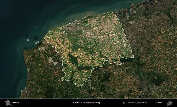 Calais. Fransa 'nın idari alanı, Eylül 2023' te çekilen Kopernik Nöbetçi karolarından oluşan koyu renkli bir uydu görüntüsü üzerinde vurgulandı ve özetlendi.