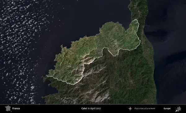 Calvi. Fransa 'nın idari alanı, Nisan 2017' de çekilen Kopernik Nöbetçi karolarından oluşan koyu renkli bir uydu görüntüsü üzerinde vurgulandı ve özetlendi.