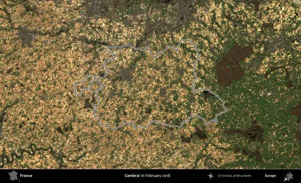 Cambrai. Copernicus Sentinel 'in Şubat 2018' de çekilen uydu görüntüsünde Fransa 'nın idari bölgesinin ana hatları belirlendi.