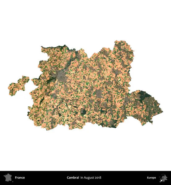 Cambrai. Fransa 'nın idari bölgesi, Ağustos 2018' de çekilen Kopernik Nöbetçi karolarından oluşan bir uydu görüntüsüyle beyaza izole edildi.