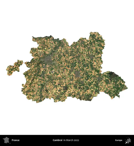 Cambrai. Fransa 'nın idari bölgesi, Mart 2022' de çekilen Kopernik Nöbetçi karolarından oluşan bir uydu görüntüsüyle beyaza izole edildi.