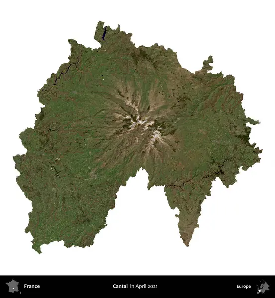 Cantal. Fransa 'nın idari bölgesi, Nisan 2021' de çekilen Kopernik Nöbetçi karolarından oluşan bir uydu görüntüsü ile beyaza izole edildi.