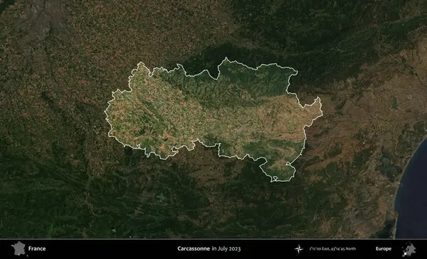 Carcassonne. Fransa 'nın idari alanı, Temmuz 2023' te çekilen Kopernik Nöbetçi karolarından oluşan koyu renkli bir uydu görüntüsüyle vurgulandı ve özetlendi.