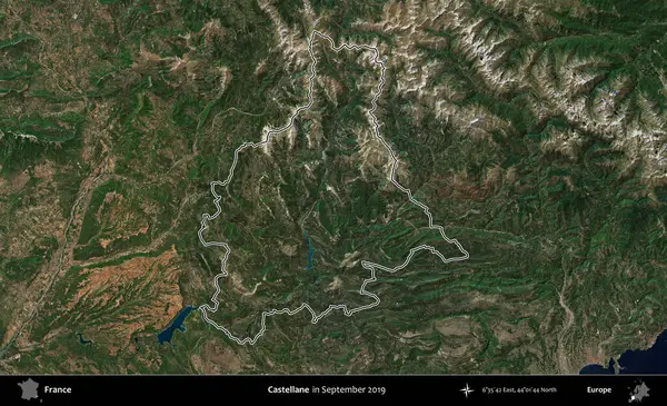 Castellane. Eylül 2019 'da çekilen Copernicus Sentinel karolarından oluşan bir uydu görüntüsünde Fransa' nın idari bölgesinin ana hatlarını çizdim.
