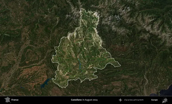 Castellane. Fransa 'nın idari alanı, Ağustos 2024' te çekilen Kopernik Sentinel karolarından oluşan koyu renkli bir uydu görüntüsü üzerinde vurgulandı ve özetlendi.