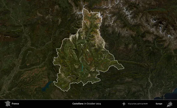 Castellane. Fransa 'nın idari alanı, Ekim 2024' te çekilen Kopernik Nöbetçi karolarından oluşan koyu renkli bir uydu görüntüsü üzerinde vurgulandı ve özetlendi.