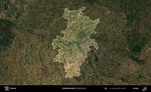 Castelsarrasin. Fransa 'nın idari alanı, Temmuz 2022' de çekilen Kopernik Nöbetçi karolarından oluşan koyu renkli bir uydu görüntüsüyle vurgulandı ve özetlendi.