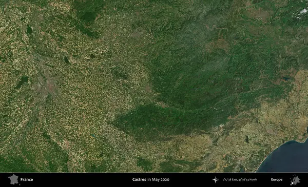 Castres. Mayıs 2020 'de Copernicus Sentinel karolarından oluşan bir uydu görüntüsü üzerine Fransa' nın idari bölgesi