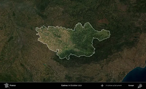 Castres. Fransa 'nın idari alanı, Ekim 2021' de çekilen Kopernik Nöbetçi karolarından oluşan koyu renkli bir uydu görüntüsü üzerinde vurgulandı ve özetlendi.