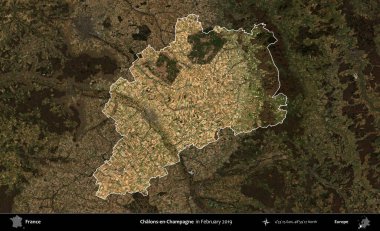 Chalons-en-Champagne. Fransa 'nın idari alanı, Şubat 2019' da çekilen Kopernik Sentinel karolarından oluşan koyu renkli bir uydu görüntüsü üzerinde vurgulandı ve özetlendi.