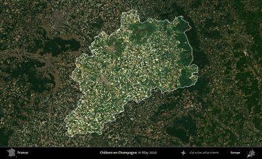 Chalons-en-Champagne. Fransa 'nın idari alanı, Mayıs 2020' de çekilen Kopernik Nöbetçi karolarından oluşan koyu renkli bir uydu görüntüsü üzerinde vurgulandı ve özetlendi.
