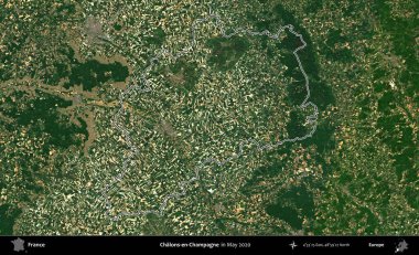 Chalons-en-Champagne. Mayıs 2020 'de çekilen Copernicus Sentinel karolarından oluşan bir uydu görüntüsünde Fransa' nın idari bölgesinin ana hatları belirlendi.