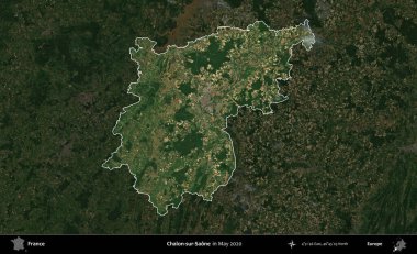 Chalon-sur-Saone. Fransa 'nın idari alanı, Mayıs 2020' de çekilen Kopernik Nöbetçi karolarından oluşan koyu renkli bir uydu görüntüsü üzerinde vurgulandı ve özetlendi.