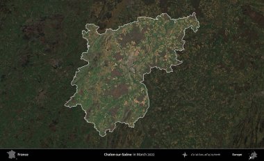 Chalon-sur-Saone. Fransa 'nın idari alanı, Mart 2022' de çekilen Kopernik Sentinel karolarından oluşan koyu renkli bir uydu görüntüsü üzerinde vurgulandı ve özetlendi.