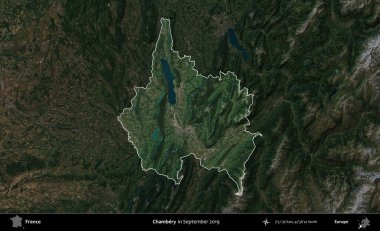 Chambery. Fransa 'nın idari alanı, Eylül 2019' da çekilen Kopernik Nöbetçi karolarından oluşan koyu renkli bir uydu görüntüsü üzerinde vurgulandı ve özetlendi.