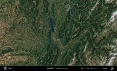 Chambery. Eylül 2019 'da Copernicus Sentinel karolarından oluşan bir uydu görüntüsü üzerine Fransa' nın idari bölgesi