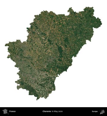 Charente. Fransa 'nın idari bölgesi, Mayıs 2020' de çekilen Kopernik Nöbetçi karolarından oluşan bir uydu görüntüsüyle beyaza izole edildi.