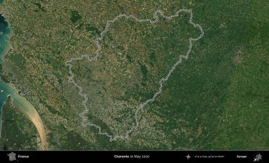 Charente. Mayıs 2020 'de çekilen Copernicus Sentinel karolarından oluşan bir uydu görüntüsünde Fransa' nın idari bölgesinin ana hatları belirlendi.