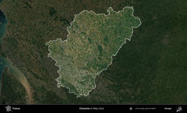 Charente. Fransa 'nın idari alanı, Mayıs 2020' de çekilen Kopernik Nöbetçi karolarından oluşan koyu renkli bir uydu görüntüsü üzerinde vurgulandı ve özetlendi.